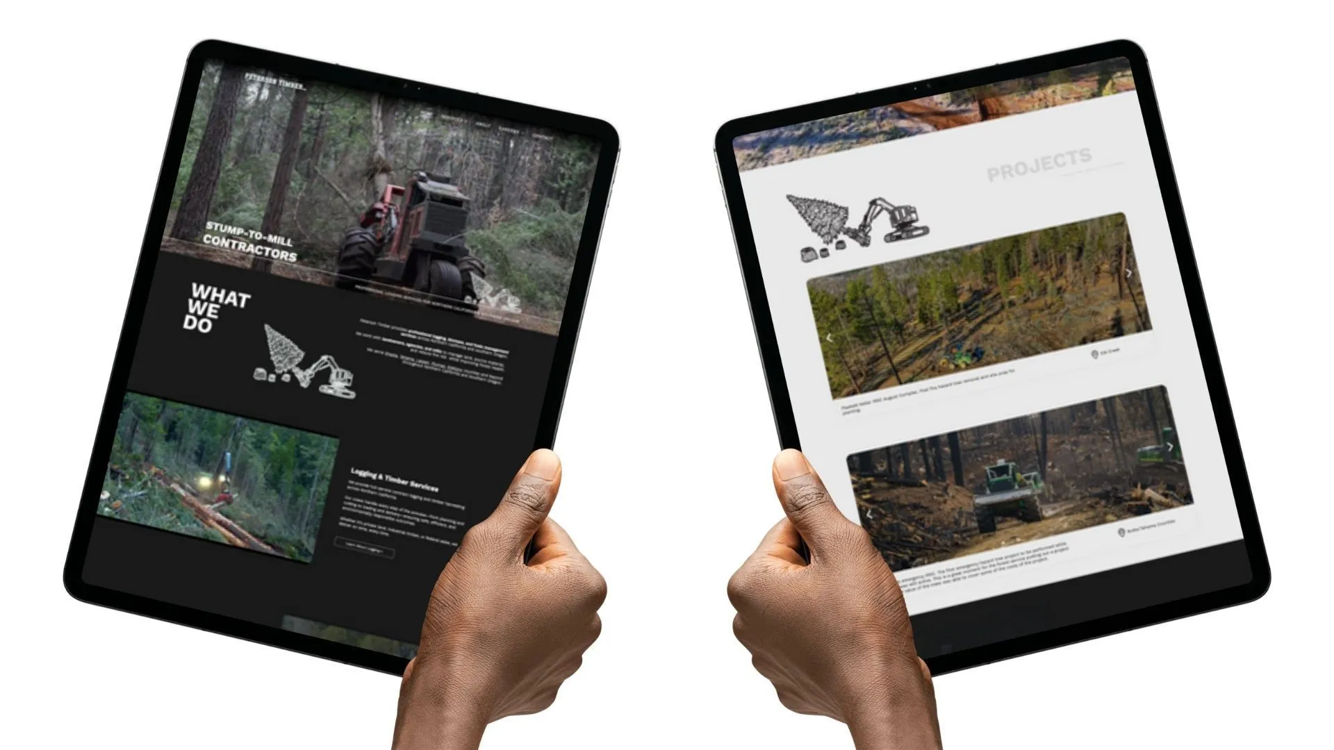 Hands holding two tablets displaying forestry equipment information.