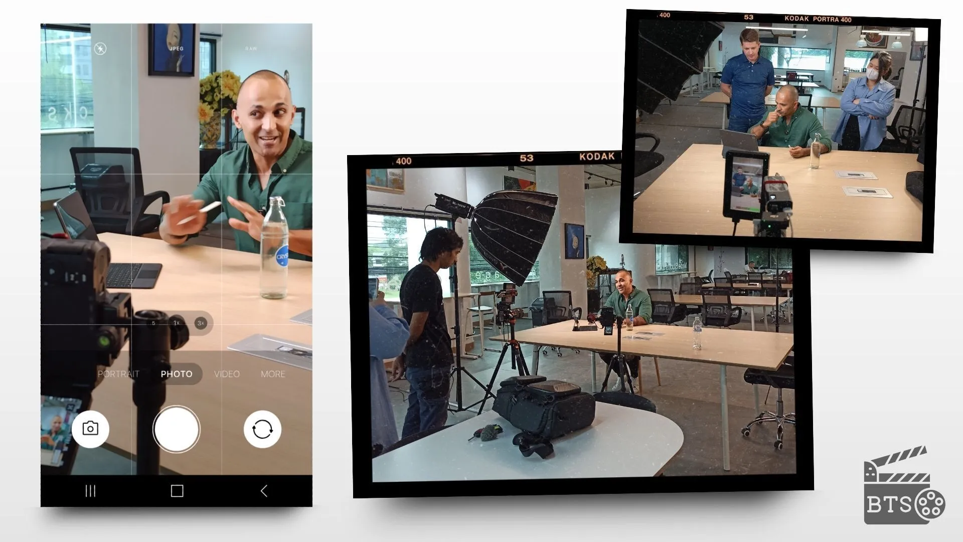 A man smiling, filming with a smartphone.  Small inset images show a video shoot in progress with people around a table.