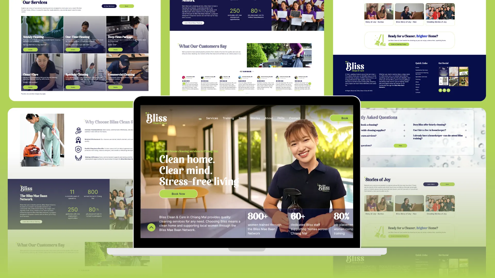 The new Bliss Clean &amp; Care website on a laptop, surrounded by its services, customer reviews, training network and FAQ pages.
