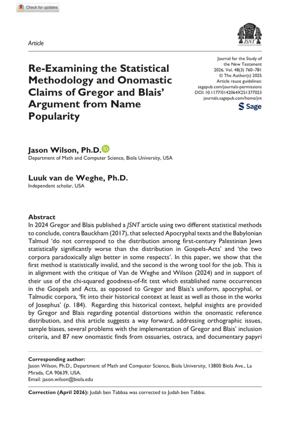 First page of a peer-reviewed journal article on name frequencies in the Gospels