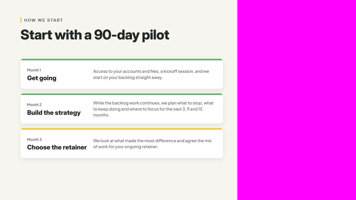 The 90-day pilot scene with a magenta space on the right